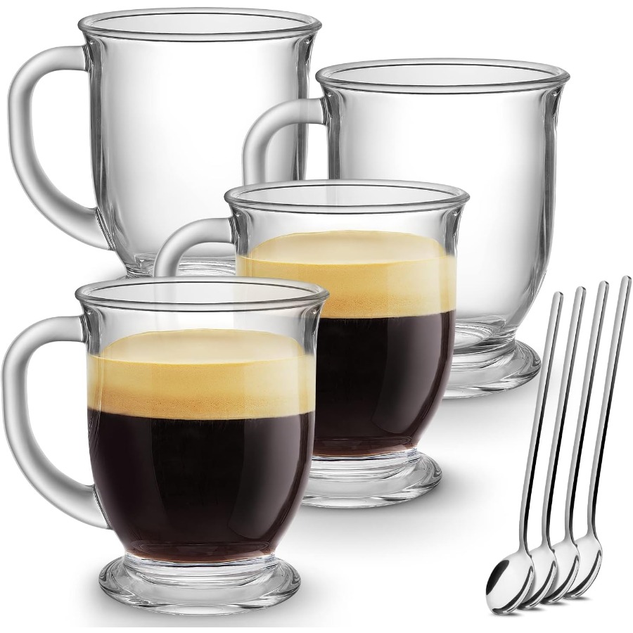 Coffee Tea Hot - Set of 4 Clear Large Glass