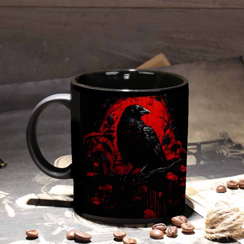 Coffee Tea Etc - 1pc, Blood-colored Crow Print, Must-have Halloween