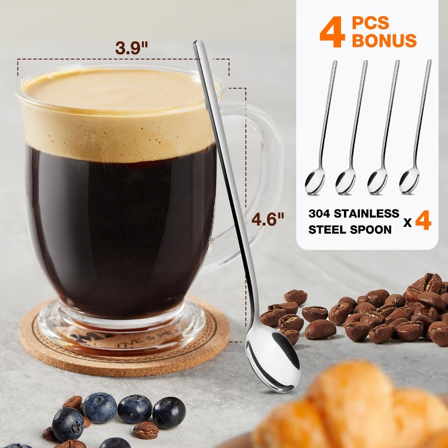 Set of 4 Clear Large Glass Cof - Coffee Tea Hot reseña y precio